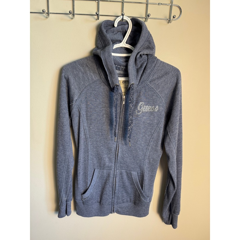 Guess Womens Navy Purple Rhinestone Logo Zip Hoodie M Y2K McBling Glam